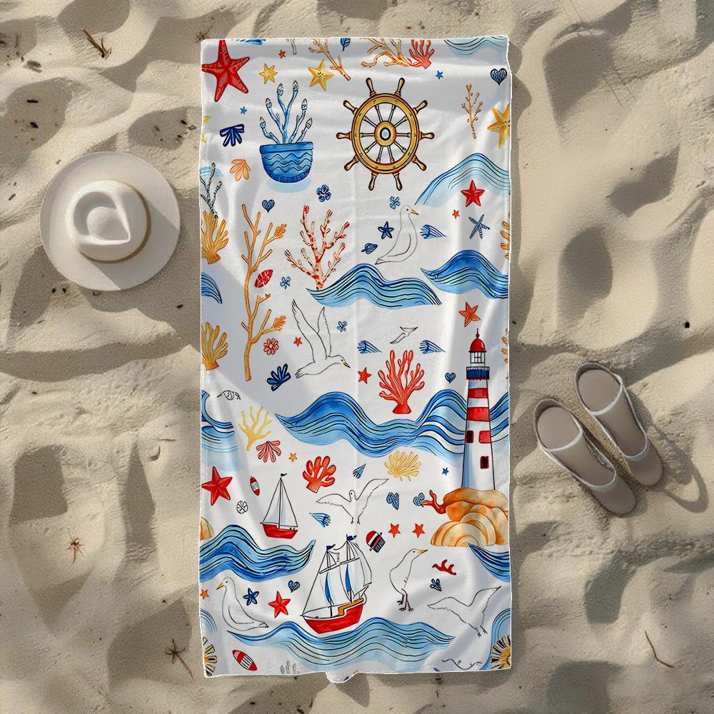 Marine Nautical Pattern Beach Towel, Soft Quick-Drying, Perfect For Portable Outdoor Travel, Swimming, Camping And Summer Beach