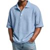 Cămașă Polo Casual cu Mânecă Scurtă pentru Bărbați, Tricotaj Waffle, Culoare Solidă, Croială Largă, Top cu Decolteu în V