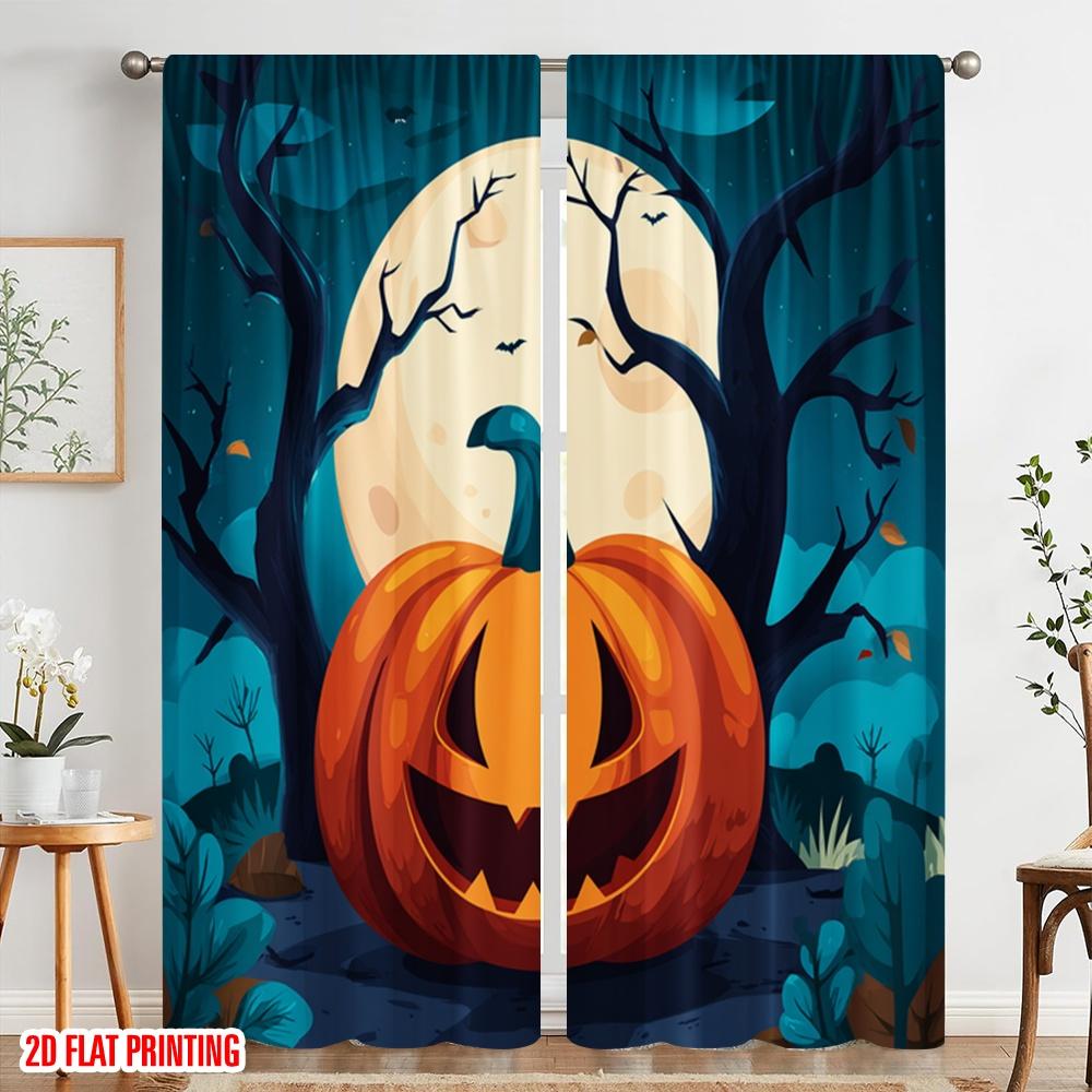 2pcs,2D Plane Printing Curtains Digital Printed Halloween Pumpkin (4) Versatile Durable Polyester (without Rod) Room Decor for