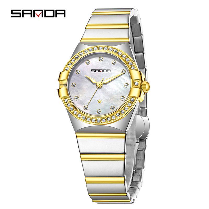 SANDA Dames Luminous Kwarts Horloge: Stalen Band, Bez Diamonds, Waterdicht, met Sunray Parelmoer Wijzerplaat.