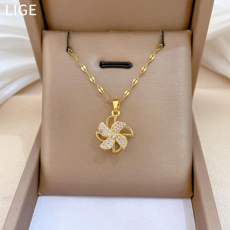 Titanium Steel Rotating Windmill Light Luxury Temperament Gorgeous Full Diamond Necklace Female Versatile Collarbone Chain Titanium Steel Chain