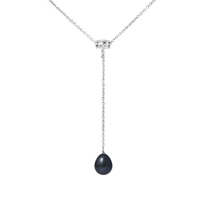 PERLINEA - Collier Cravate - Perle de Culture d'Eau Douce AAA+ - Poire 9-10 mm - Noire - Argent 925 Millièmes - Bijoux Femme