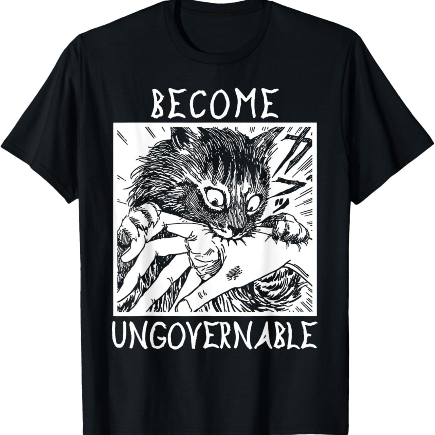 Become Ungovernable Funny Biting Hand Cat Meme Vintage T-Shirt S чёрный