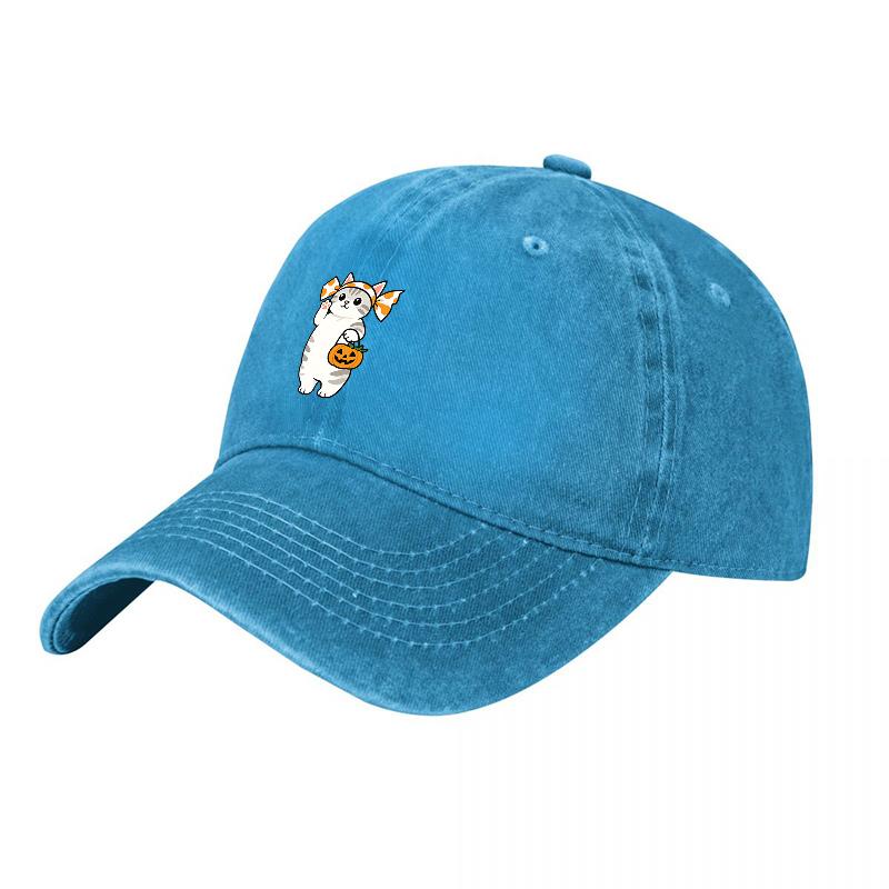 Cute Ghost Cat with Pumpkin Halloween Theme Washed Cotton Baseball Cap for Unisex and Women Casual Fashion Accessory