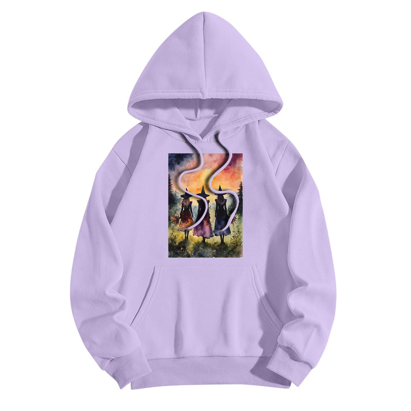 

Женская модная повседневная толстовка с капюшоном и принтом ведьмы на Хэллоуин с карманами и длинными рукавами XXXL фиолетовый