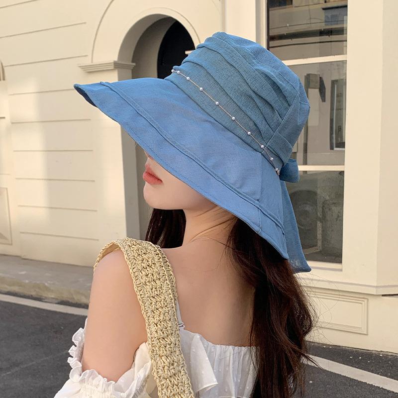Korean Style Versatile Summer Pleated Sun Hat Pearl Chain Fisherman Hat Women Tulle Sun Hat Big Brim Trendy