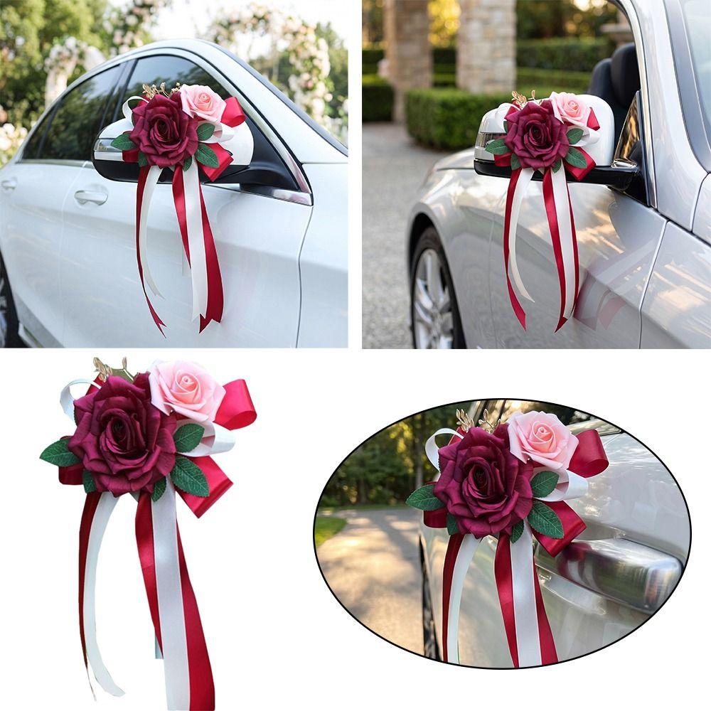 Retro Bow Wedding Car Decoration Wedding Party Simulation Flower Rearview Mirror Decoration Classic Design Flower Decoration
