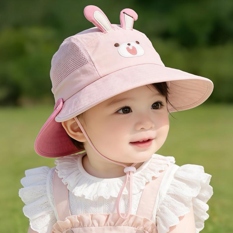 Summer Outdoor Breathable Mesh Panama Hat Cartoon Sunshade Baby Beach Hat Cute Bear Rabbit Ears Boys Girls