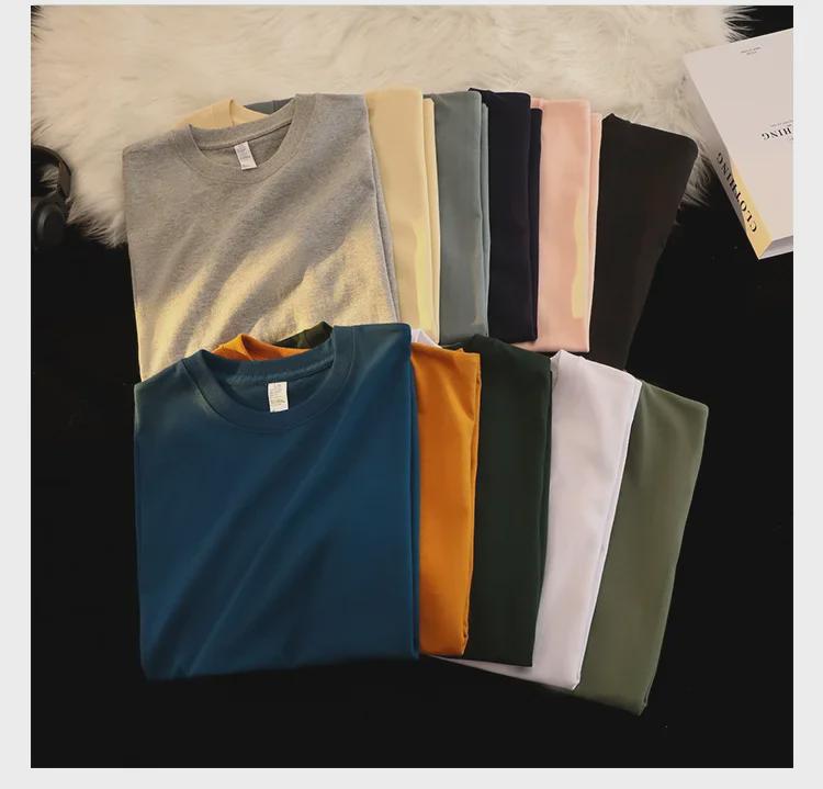 Unisex Japanese Retro Solid Color Round Neck T-Shirt, 300g Heavy Pure Cotton, Casual Short-Sleeve Design.