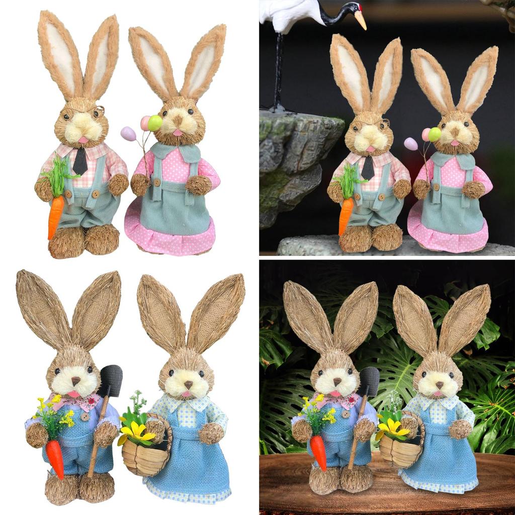 1 Pair Straw Woven Bunny Figurine Easter Sculpture Easter Theme Party Supplies Desktop Garden Party Favors Doll Ornament