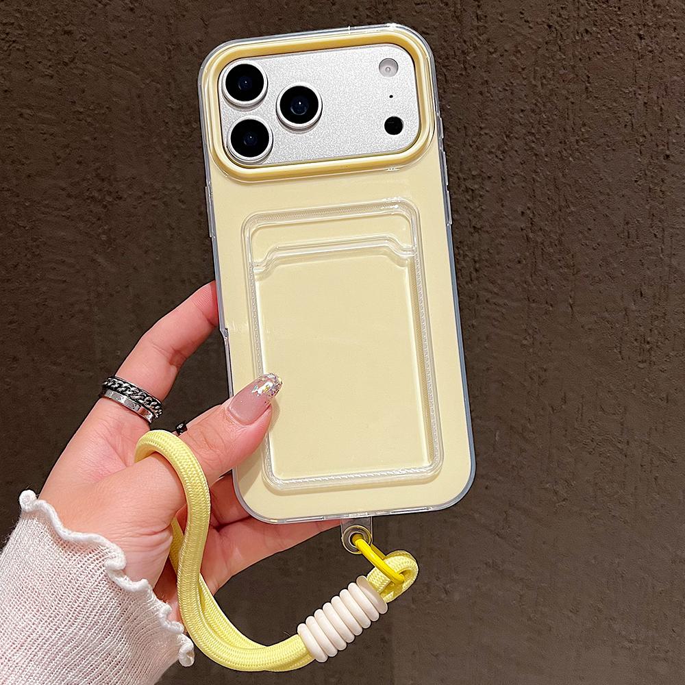 Candy Color Card Slot Bag Holder Phone Case For iPhone 17 16 15 14 13 12 11Pro Max Air Wrist Strap Shockproof Cover With Lanyard