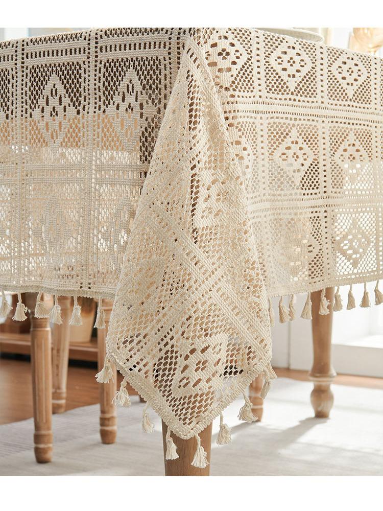 Retro Crochet Desktop Set, Countryside Style Hollow Tassel Tablecloth, Beige Fresh Square Tablecloth, Desktop, Wedding, Long Table, Dressing Table