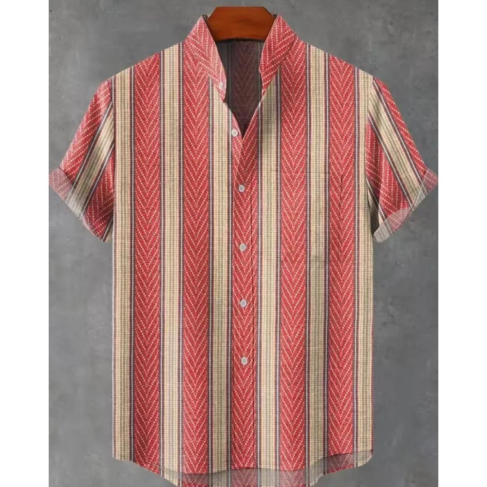 Men New Summer Short Sleeve Fashion Stripe Shirt Tops Men Loose Stand Collar Casual Tops S