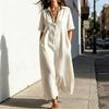 Summer Cotton Linen Dress for Women, Casual Loose Short Sleeve Long Dress, Button Up Lapel V Neck Flowy Maxi Dress