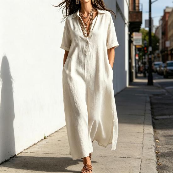 Summer Cotton Linen Dress for Women, Casual Loose Short Sleeve Long Dress, Button Up Lapel V Neck Flowy Maxi Dress