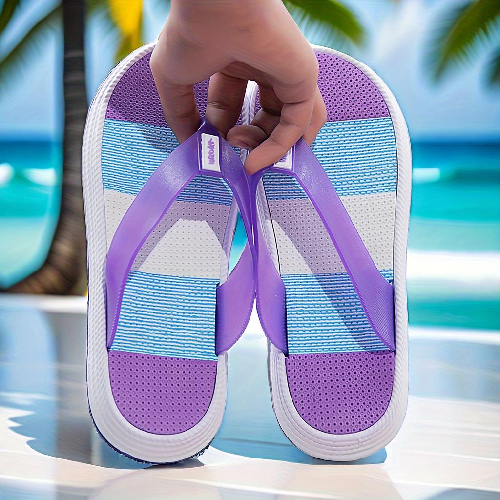 Summer Outdoor Flip-Flops, Soft and Comfortable Cool Sandals, Casual Beach Shoes with Striped Color Blocks