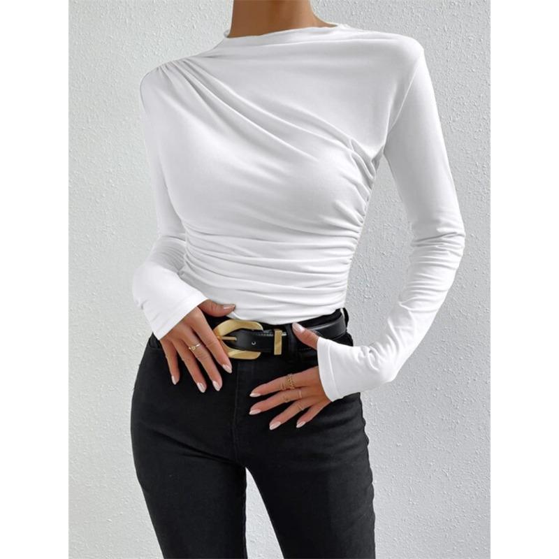 Maglia a tinta unita slim-fit con design plissettato versatile, a maniche lunghe, top da donna
