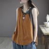 Literarische Baumwolle und Leinen Sommer Lockerer Trägerpullover Damen Dünne Asymmetrische Bluse Knopfdekoration Nähte