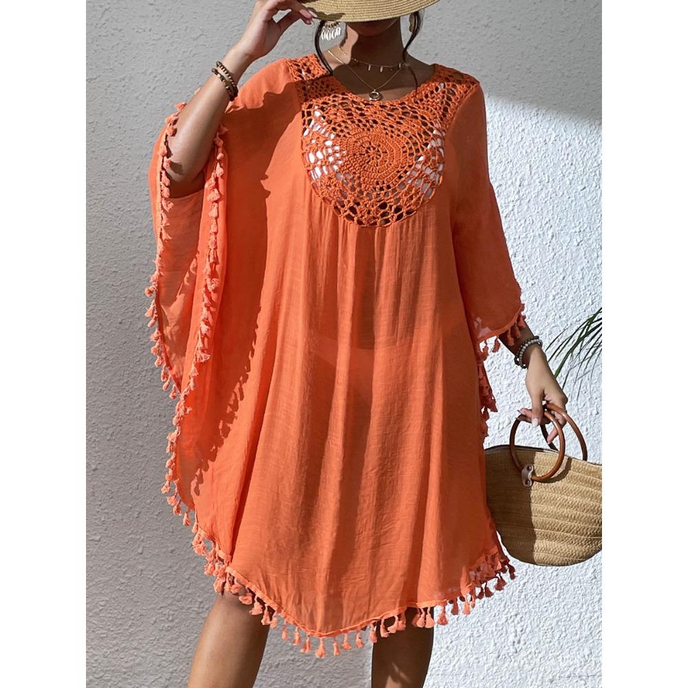 New Beach Cover Shirt with Hook and Flower Splicing Tassel Bikini, Paired with Beach Dress