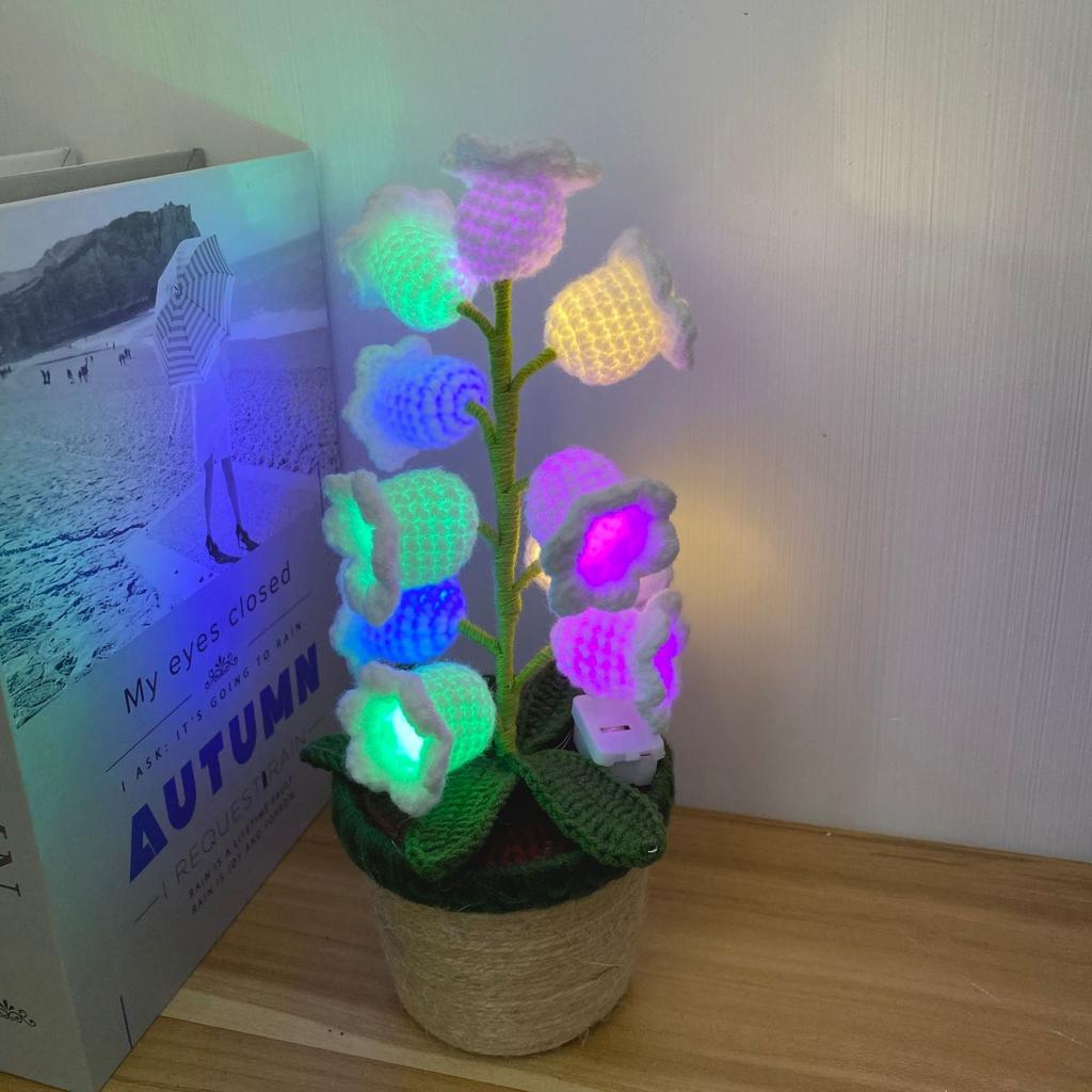 Bell Orchid Crochet Potted with Light Creative Handwoven Flower Knitted Plant Christmas Decor Home Table Decor