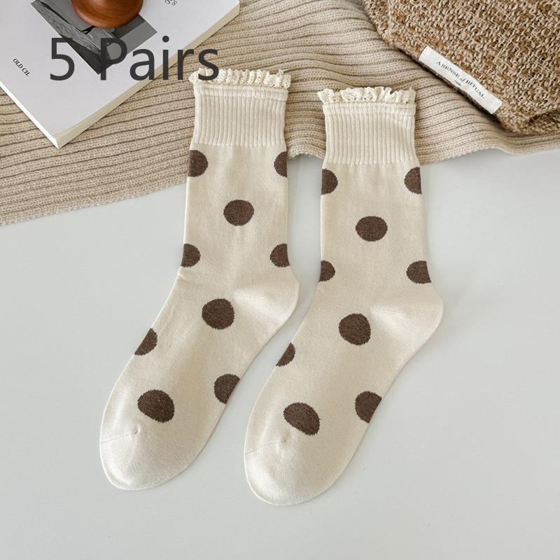 

5 Pairs of Women s Trend Lace Lace Polka Dot Mid Tube Pile Socks 5 Pairs кофейный/бежевый