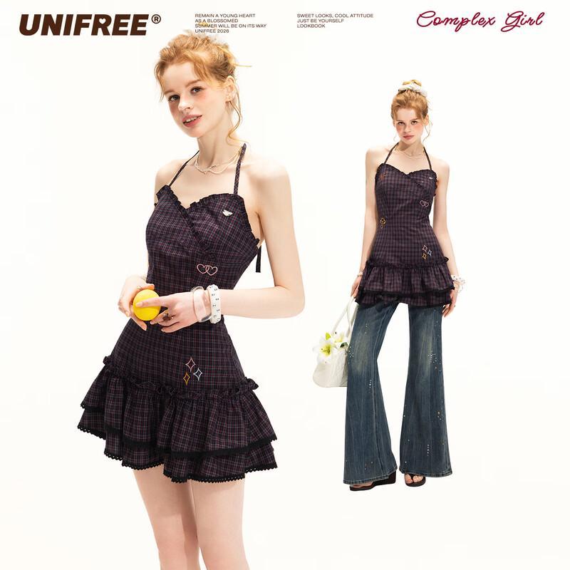 UNIFREE 2026 Summer Korean-style Color Block Embroidered A-line Dress L красный