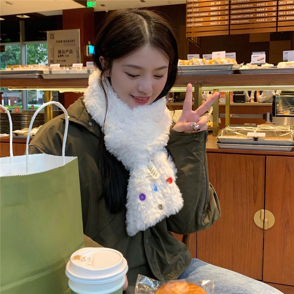 Korean Style Fashion Button Plush Thickened Scarf for Female Students in Winter Thickened and Warm Versatile Stylish and Trendy Scarf for Students