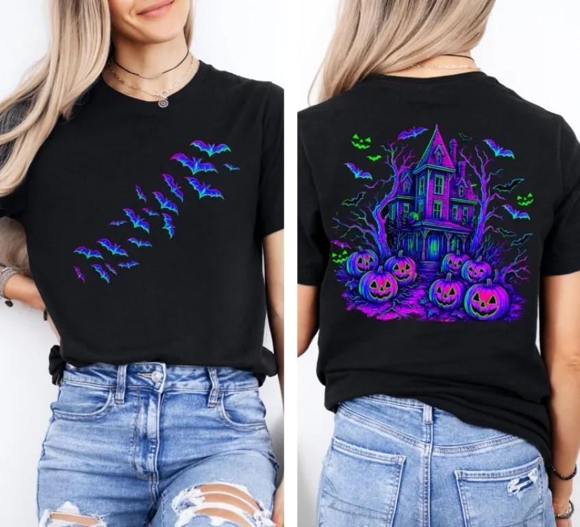 Футболка с летучими мышами на Хэллоуин, Унисекс футболка с домом с привидениями на Хэллоуин XL