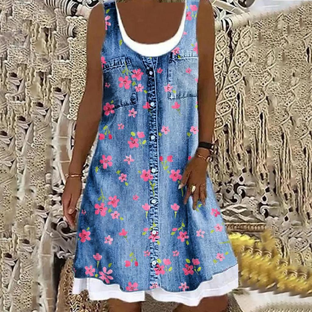 Summer Beach Floral Printed Cute Dress O Neck Sleeveless Casual Loose Mini Dress Womens Vacation Holiday Short Dress Vestidos