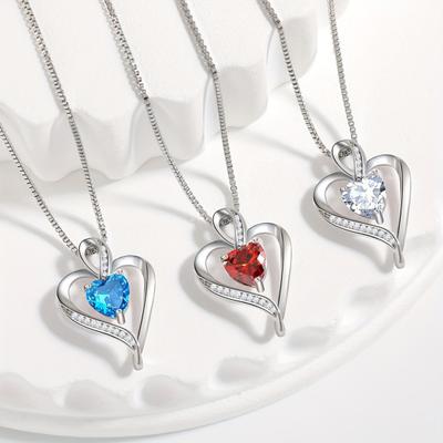 Heart Necklace for Women Love Heart Pendant with Faux Crystal Birthstone Necklace
