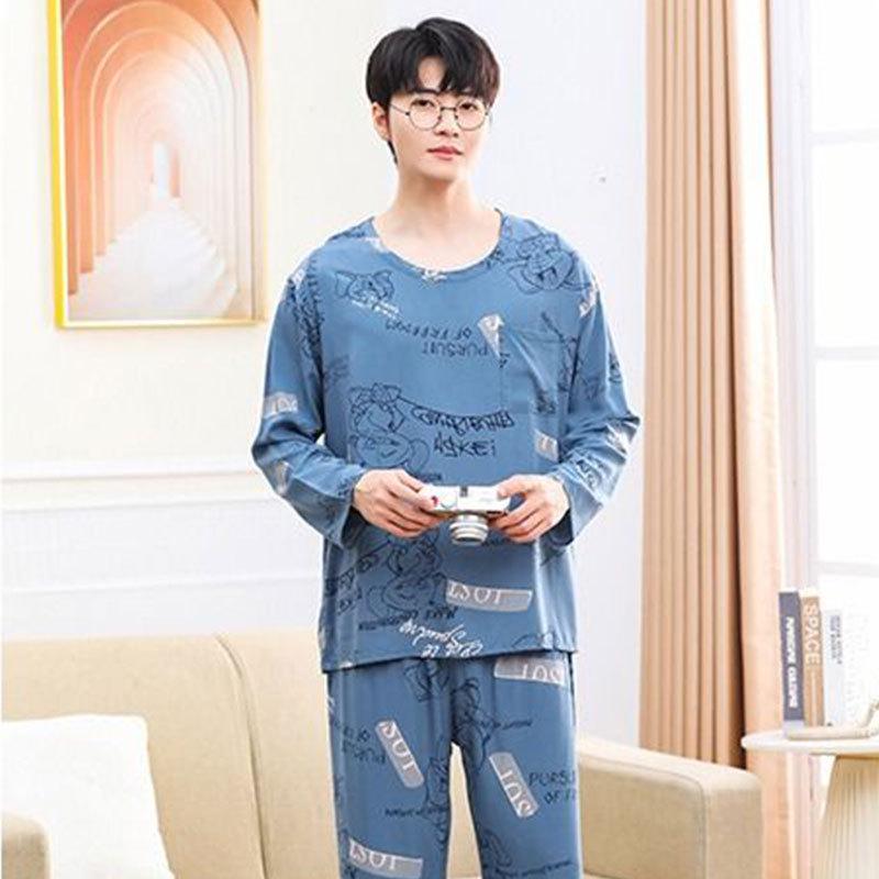 High-End Trendy Men's Long-Sleeve Cotton-Style Casual Pajamas, Youth Large, Loose & Comfortable Home Wear