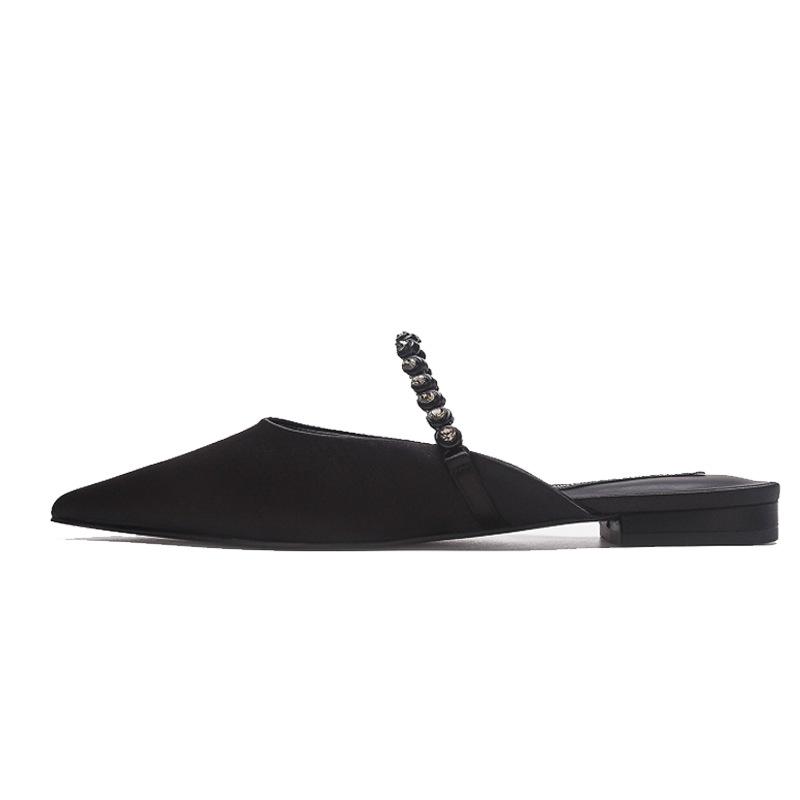 Sheepskin Version Spanish Flat-bottomed Bag Head Half Slippers 2025 Summer New Women's Gemstone Chain Pointed Muller Shoes