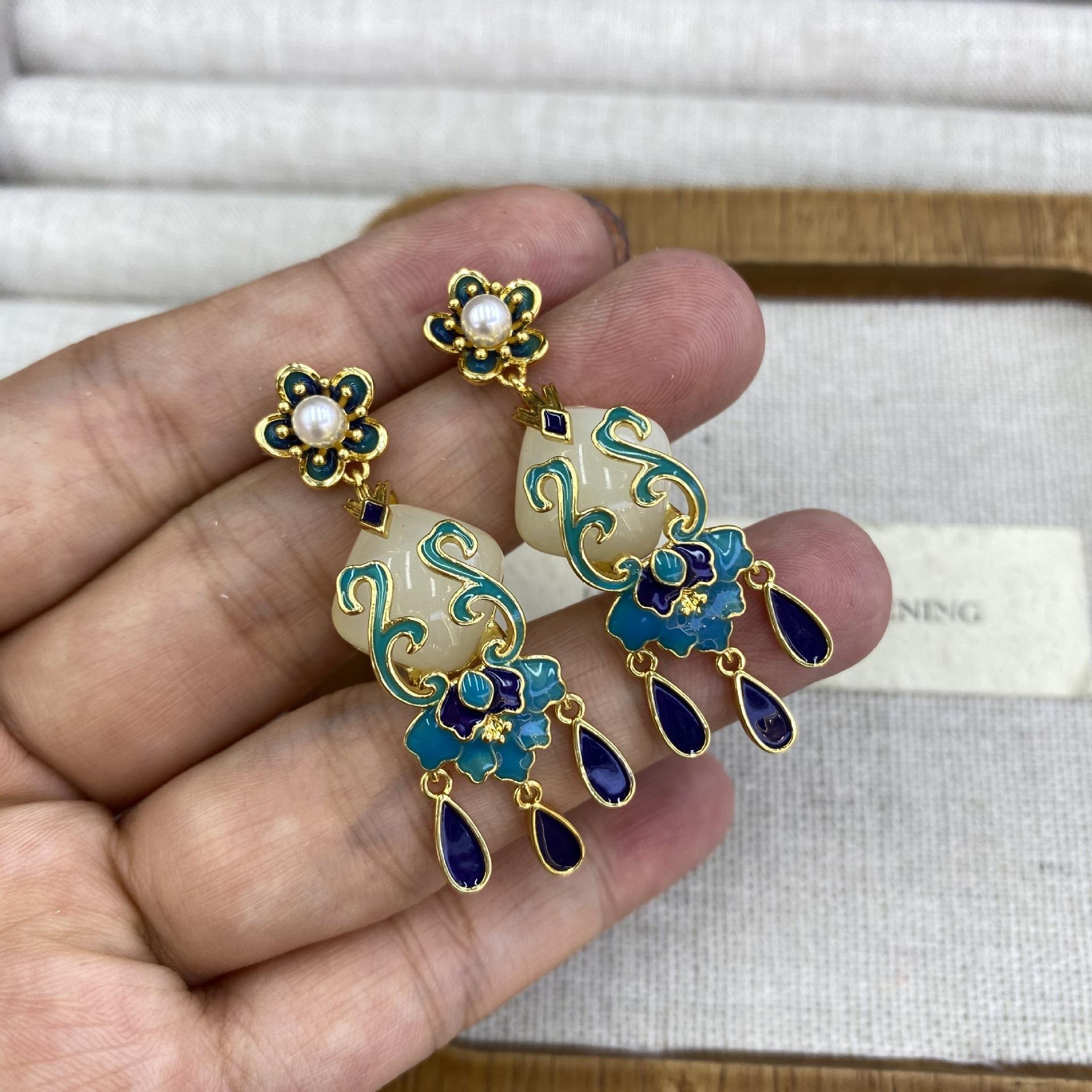 Antique Earrings Chinese Style Fringed Retro Classic Gold-Plated Blue Lotus Earrings Imitation Hetian Jade Earrings Femininity