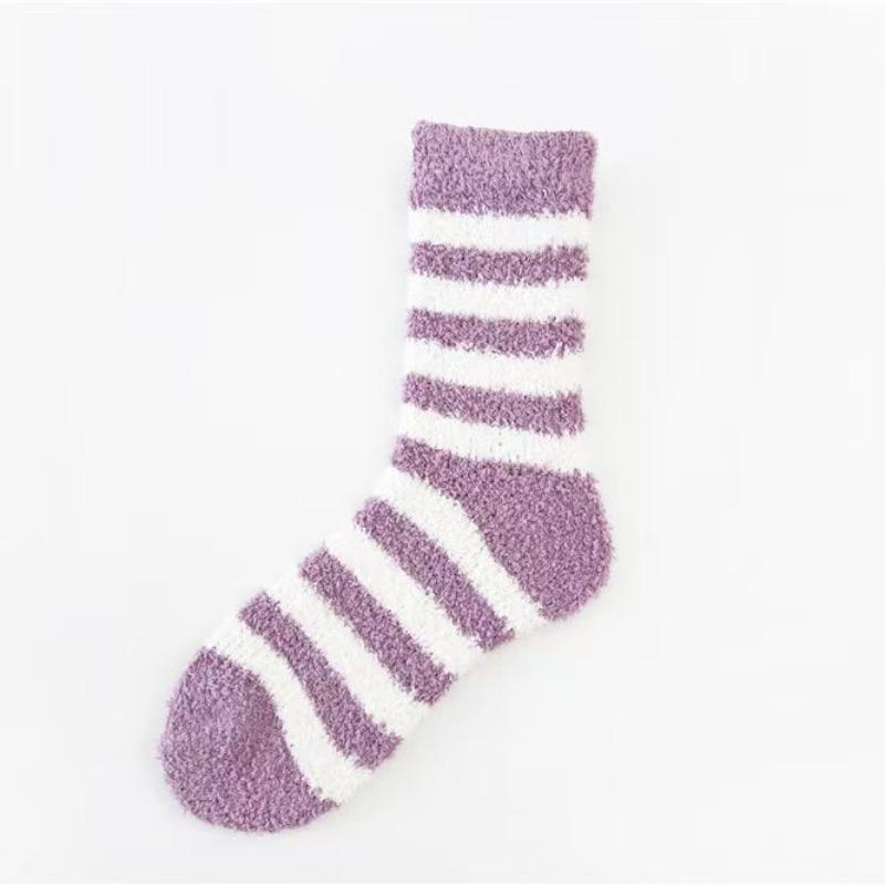 Autumn and winter women's striped coral fleece medium tube socks thickened thermal home floor socks women