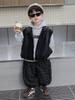 Chłopięcy jesienny trzyczęściowy zestaw streetwearowy w stylu koreańskim: bluza z kapturem i skórzana kamizelka