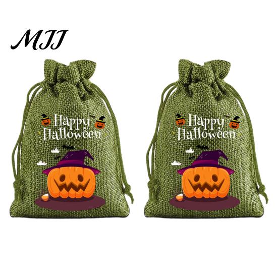 Small Storage for Candies 2Pcs Halloween Pumpkin Drawstring Bags Candy Treats, Retro Burlap Pattern Party Favors Trick or Treat Bags, Portable Goodie