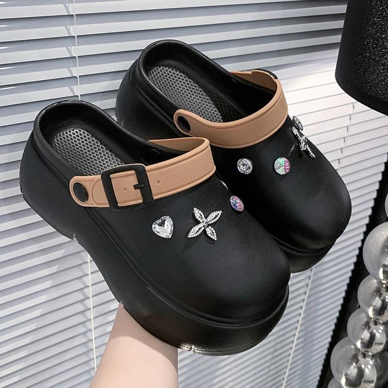 Fashion Crystal Decor Chunky Platform Clogs Shoes Woman 2025 Summer Buckle Strap Eva Sandles Woman Non Slip Thick Bottom Garden Sandals