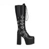 New Punk Goth Women Motorcycle Boots High Heeled Knee High Platform Shoes Heart Buckle Lace Up Luxury Trendy Winter Street Boots