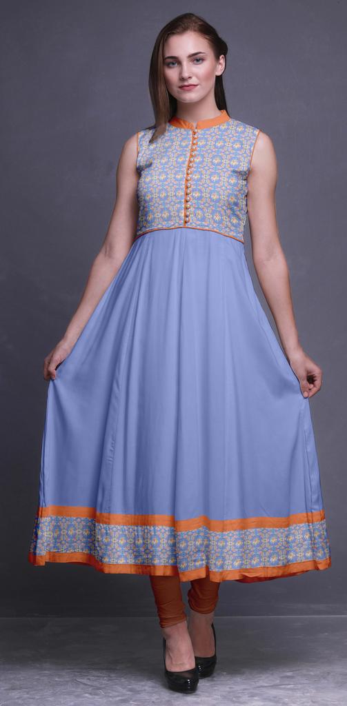 Bimba Black Floral Printed Women Designer Mandarin Collar Anarkali Dress Indian Ethnic Kurta