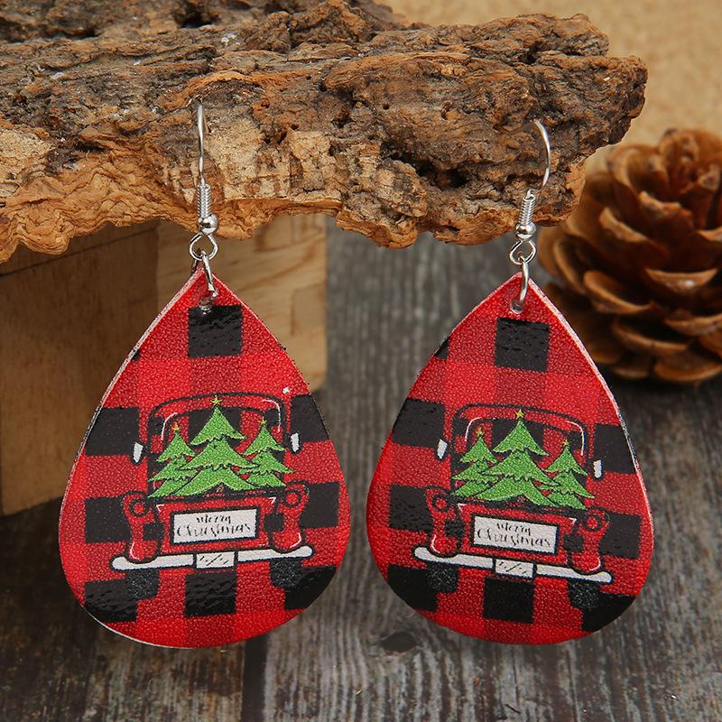 European & American Christmas Plaid Car Earrings with Tree (Double-Sided Leather)