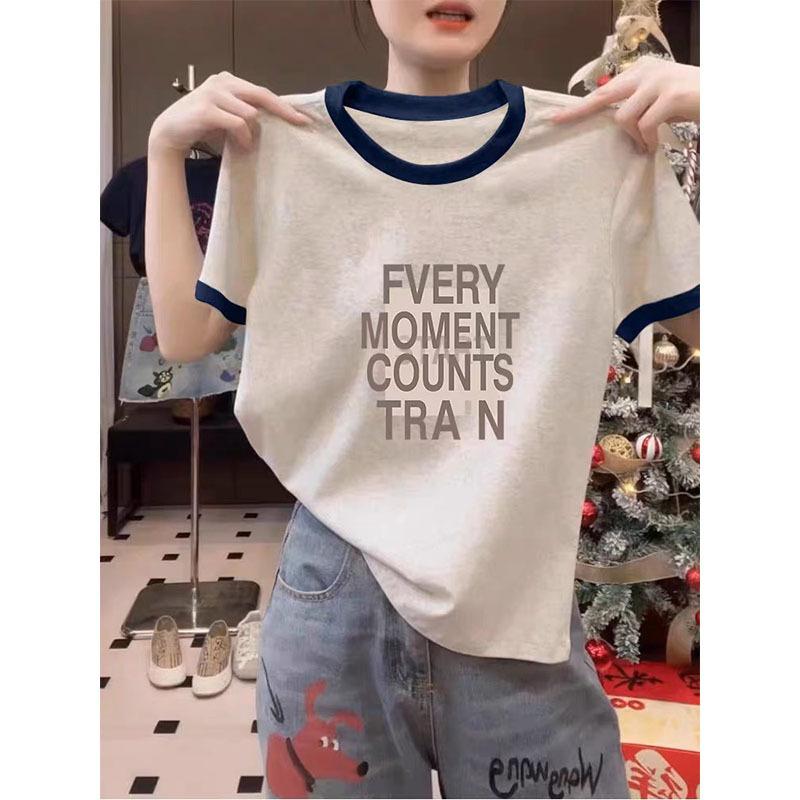 Contrasting color splicing front shoulder crew neck cotton short-sleeved T-shirt women's clothing Korean version of fashion versatile printed top