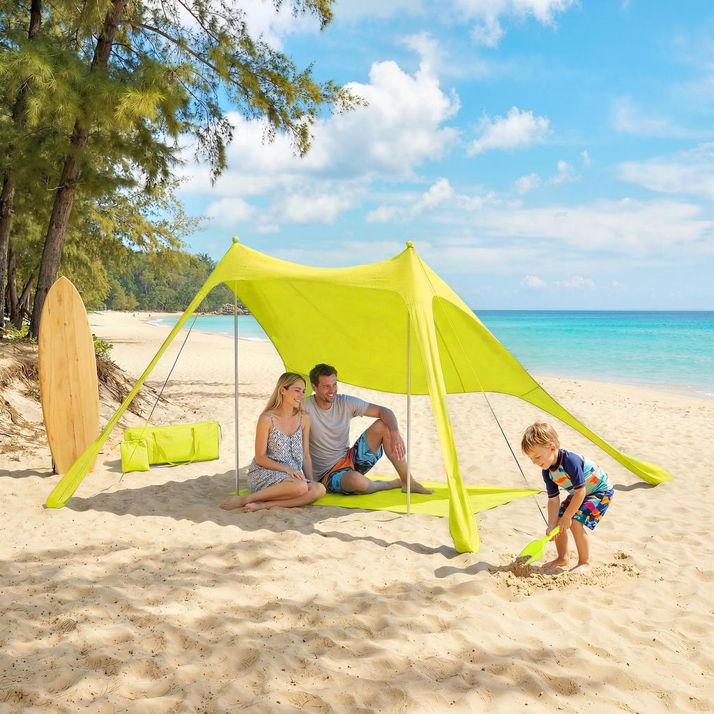 Foldable Beach Tent With UPF50+ Mat Aluminum Poles Shovel Stakes And Carry Bag Yellow