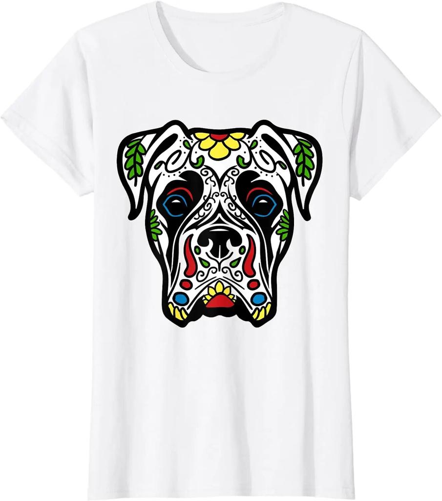 Boxer In White Dead Sugar Skull Dog Gift T-Shirt Casual Short Four Seasons Shirts for Unisex Women Kids Halloween Shirts Mexico
