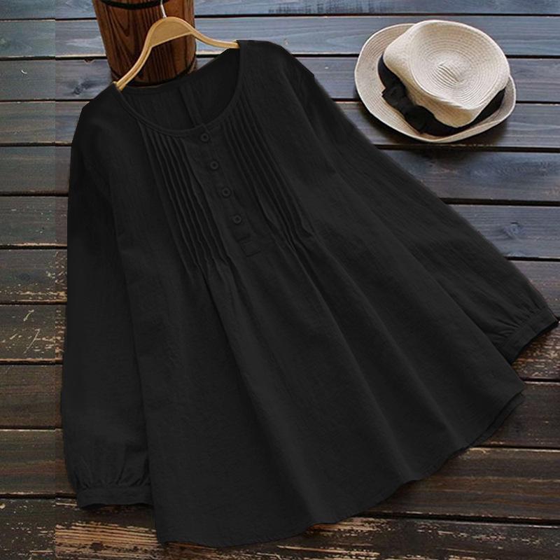 Plus Size Round Neck Cotton Linen Top - Long Sleeve, Loose Fit, Flaw-Hiding, Slimming Design 4XL чёрный