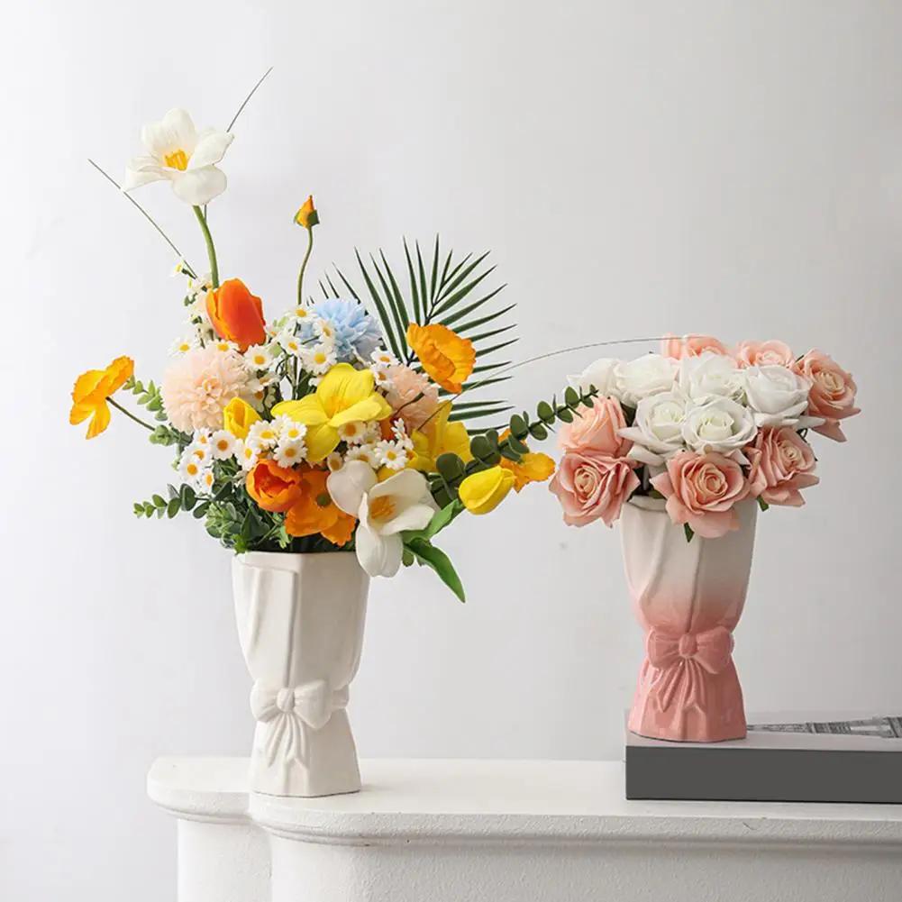 Ceramic Flower Vase with Bow Donut Shape Vase Flower Arrangment for Wedding Valentine's Day Home Decor