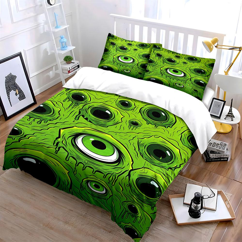 Green Monster Eye Pattern Bedding Duvet Cover Set (1*Duvet Cover 2*Pillowcases, without duvet insert)