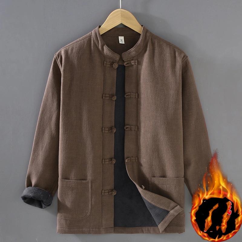 Winter Warm Men Shirt Cotton Linen Thicken Casual Coat Stand Collar Disc Buckle Shirt Grey Fleece Jacket Chinese Traditional Clothing