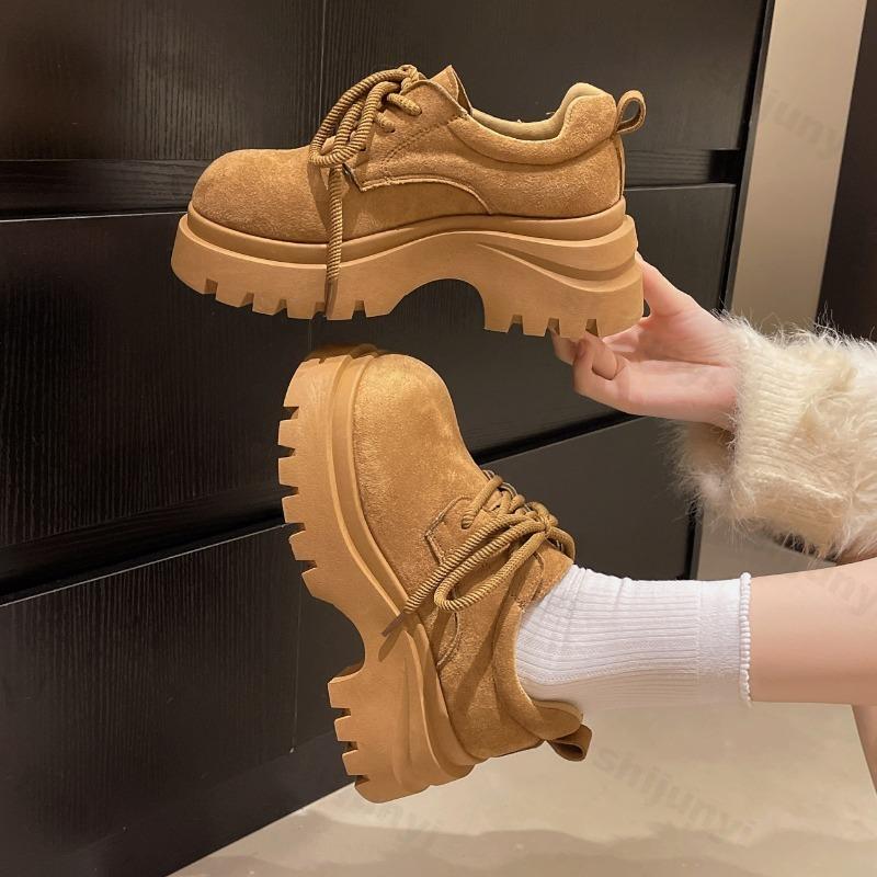 Platform Loafers Women Autumn New Vintage Comfortable Lace Up Fashion Single Shoes Outdoor Non Slip Height Increase Casual Shoes