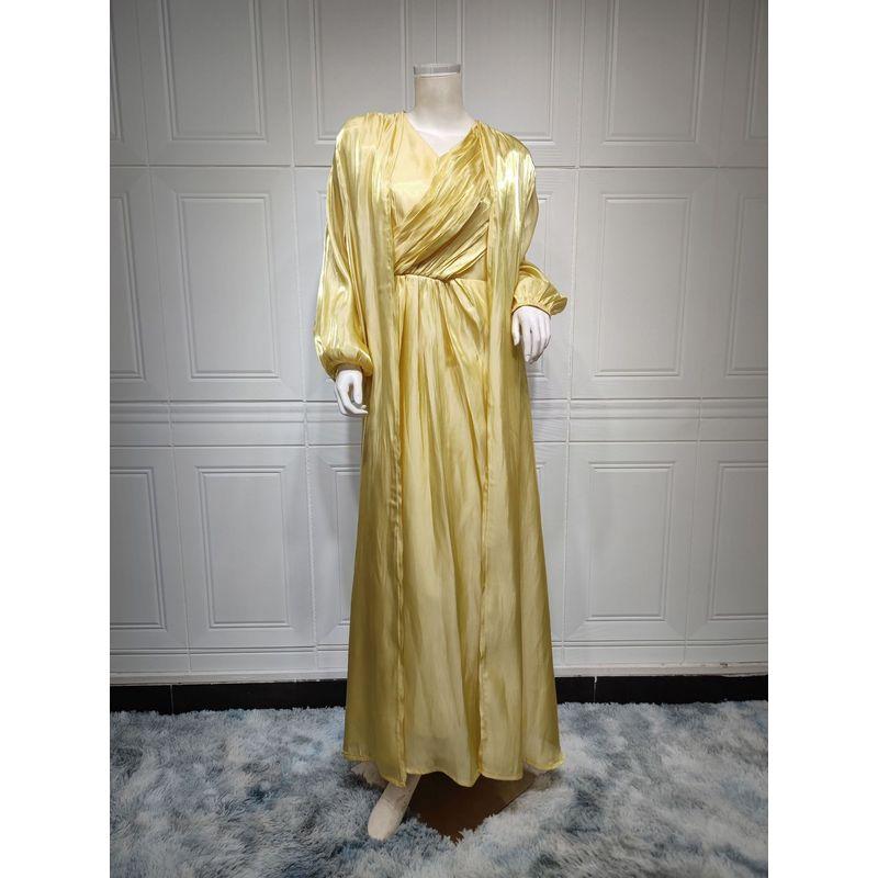 

2024 Ближний Восток Арабское Платье из Яркого Шелка Турецкое Платье-Халат Модное Мягкое Платье-Комплект из Двух Предметов Yellow M