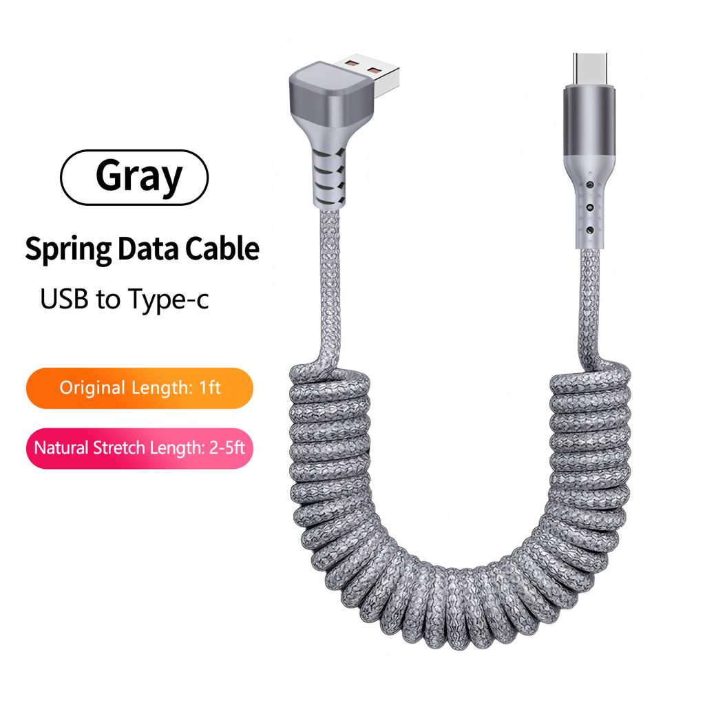Electronic Accessories 100W 90 Degree Right Angled USB-C Coiled Retractable Data Cable Pure Copper Conductor Braid